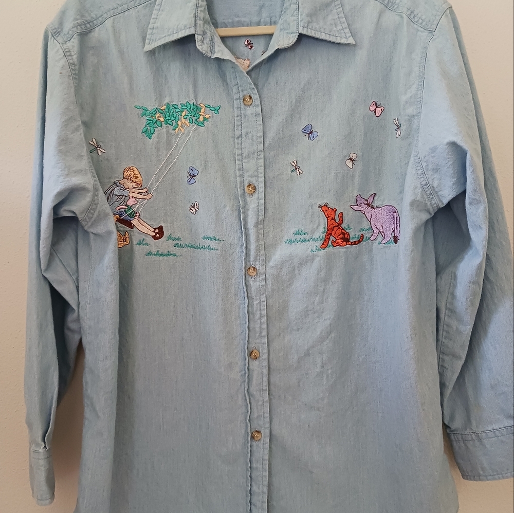 Vtg Disney Classic Pooh S/M 44 Lt Blue Denim Embroidered Shirt Top Tigger Eeyore
